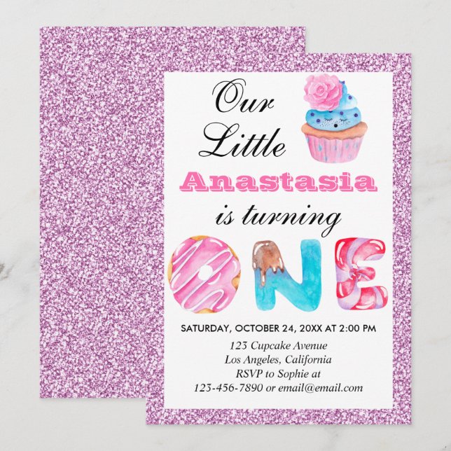 Liten Cupcake Rosa Syrlilja Glitter 1-års Födelsed Inbjudningar (Fram/baksida)