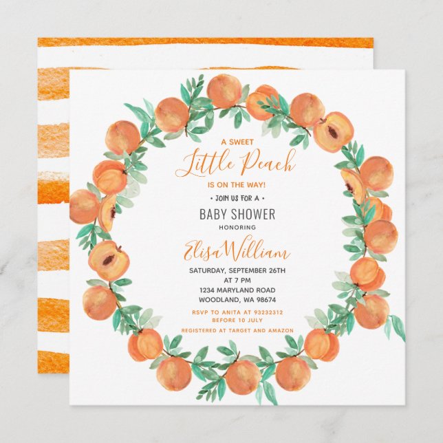 Liten Cutie Peach Baby Shower  Inbjudningar (Fram/baksida)