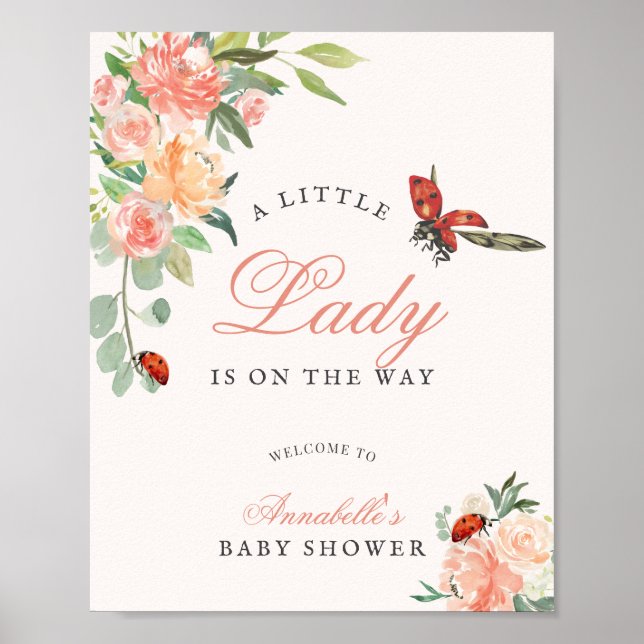 Liten dam ladybug rosor flicka baby shower poster (Framsidan)