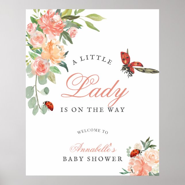 Liten dam ladybug rosor flicka baby shower välkomm poster (Framsidan)