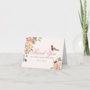Liten dam nyckelpigor rosor rosa baby shower tack kort