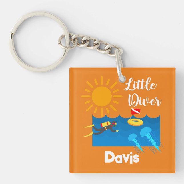 Liten diver med geléfisk - akrylisk nyckelkedja (Framsidan)