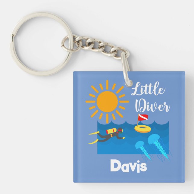 Liten diver med geléfisk - akrylisk nyckelkedja (Framsidan)