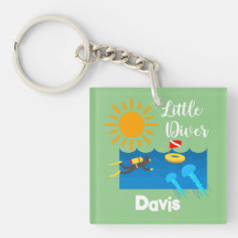 Liten diver med geléfisk - akrylisk nyckelkedja