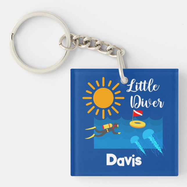 Liten diver med geléfisk - akrylisk nyckelkedja (Framsidan)