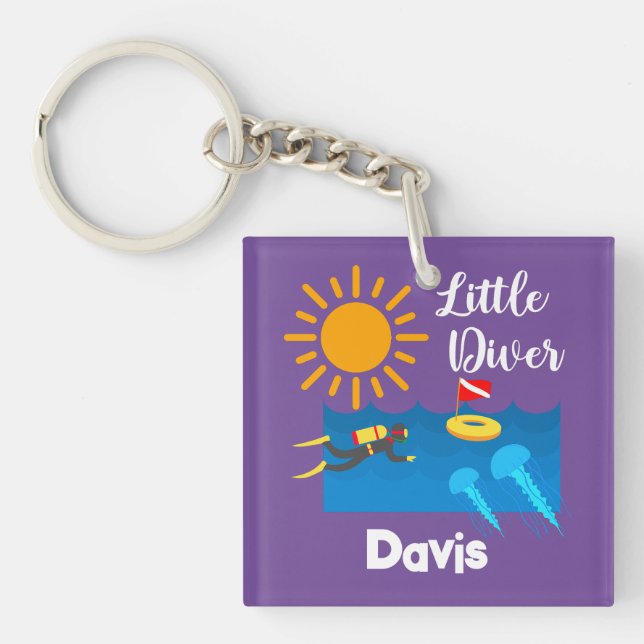 Liten diver med geléfisk - akrylisk nyckelkedja (Framsidan)