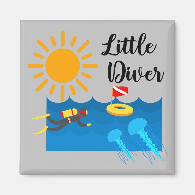 Liten diver med Jelly Fish - Square Magnet (Framsidan)
