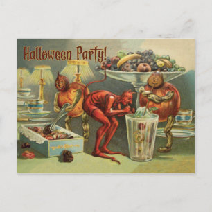 Liten djävul på bordet, en Halloweenfest Vykort