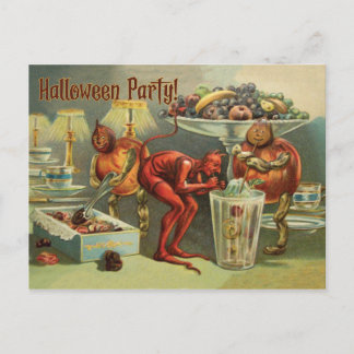 Liten djävul på bordet, en Halloweenfest Vykort