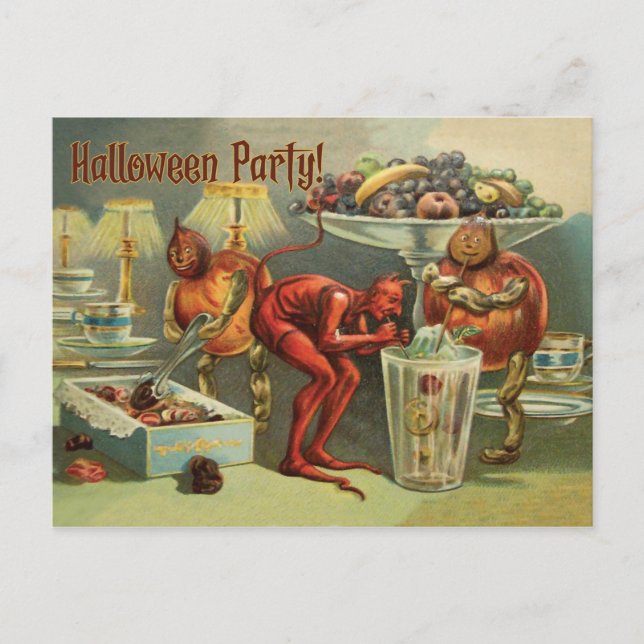 Liten djävul på bordet, en Halloweenfest Vykort (Framsida)