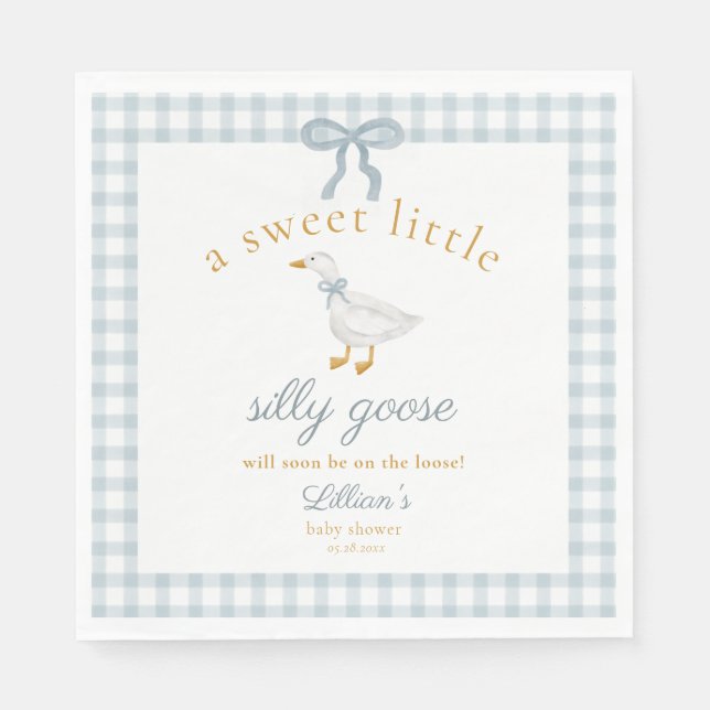 Liten dum gås band baby shower blå gingham  pappersservett (Framsidan)
