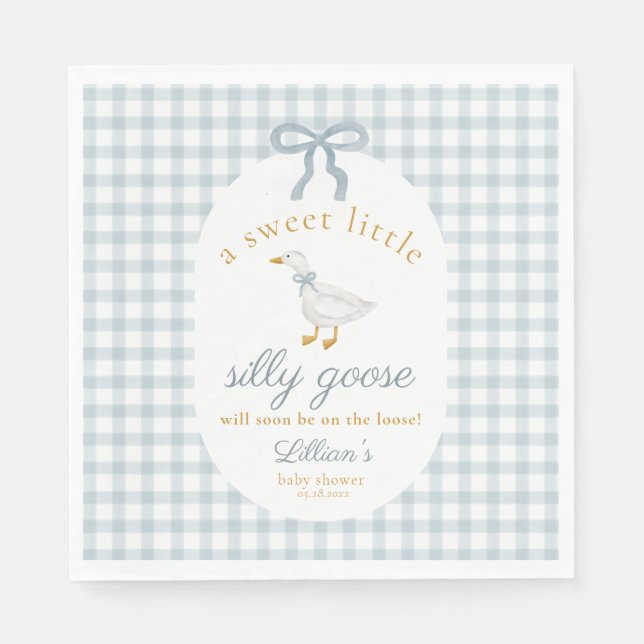 Liten dum gås band baby shower blå gingham  pappersservett (Framsidan)