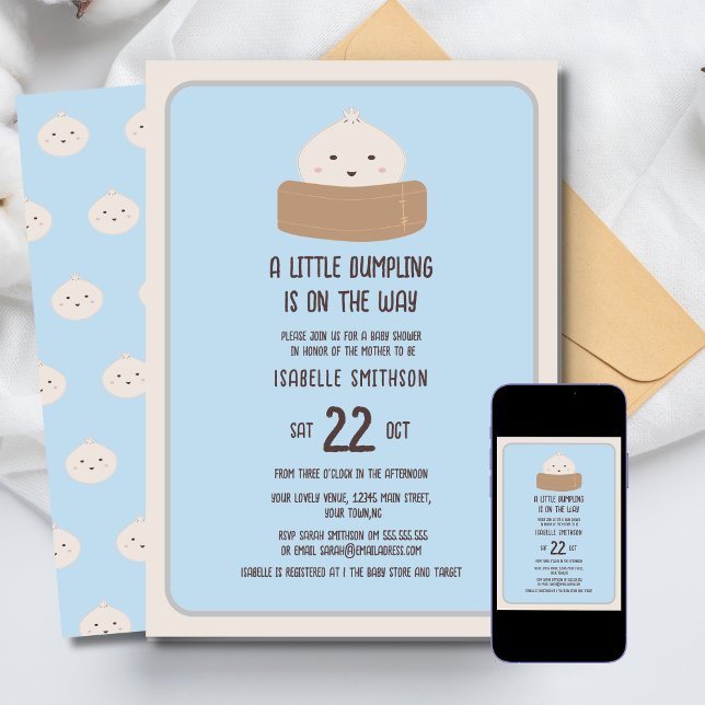 Liten Dumpling På Väg Blå Bebis Shower Inbjudningar (Skapare uppladdad)