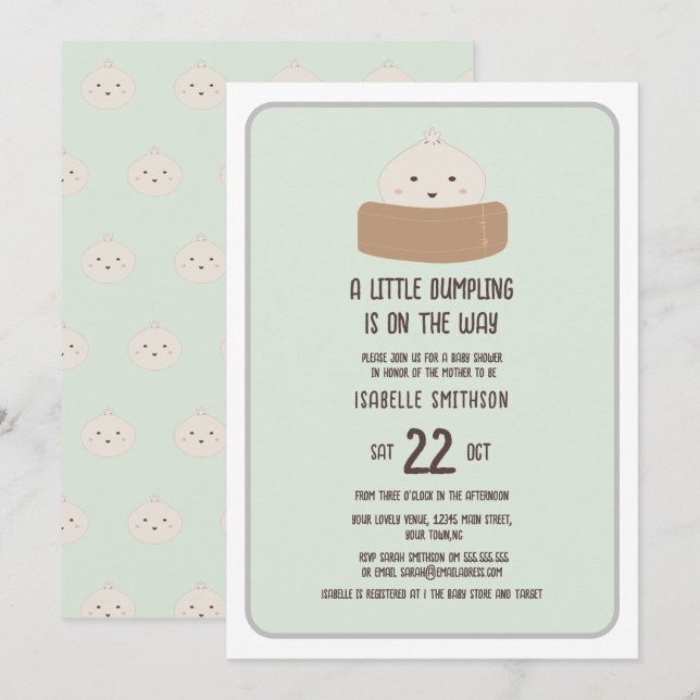 Liten Dumpling På Vägen Grön Baby Shower Inbjudningar (Fram/baksida)