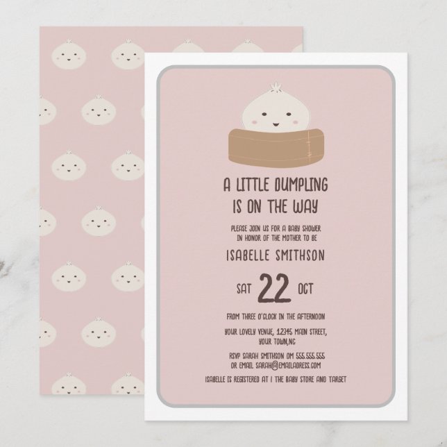 Liten Dumpling På Vägen Rosa Bebis Shower Inbjudningar (Fram/baksida)