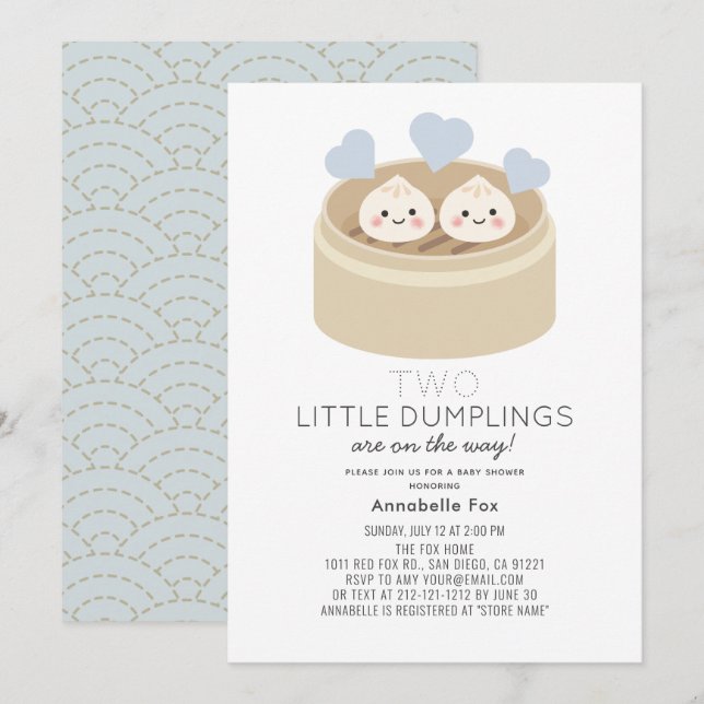 Liten Dumpling Pojke Tvillingar Baby Shower Inbjud Inbjudningar (Fram/baksida)