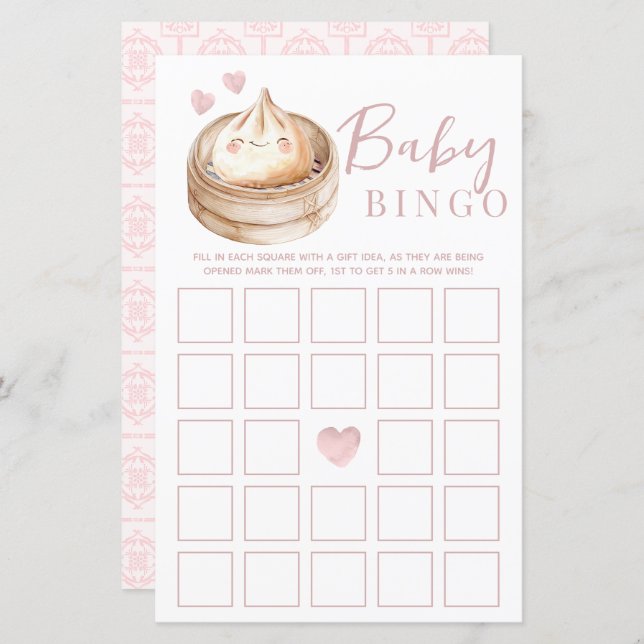 Liten Dumpling Rosa Baby Shower Bingo Game Card | (Fram/baksida)