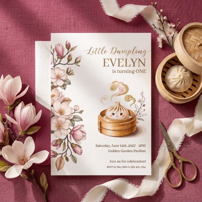 Liten Dumplings Magnolia Blommande Flicka 1-årsdag Inbjudningar (Skapare uppladdad)