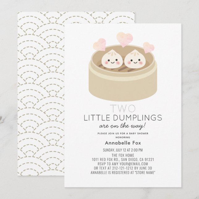 Liten Dumplings Tvillingar Baby Shower Inbjudan (Fram/baksida)
