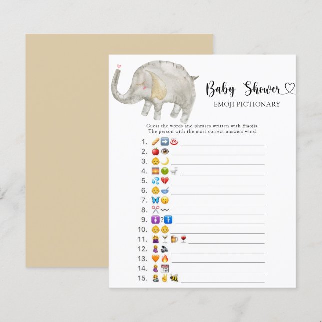 Liten elefant baby dusch emoji pictionary spel (Fram/baksida)