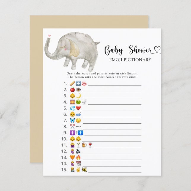 Liten elefant baby shower emoji pictionary spel (Fram/baksida)