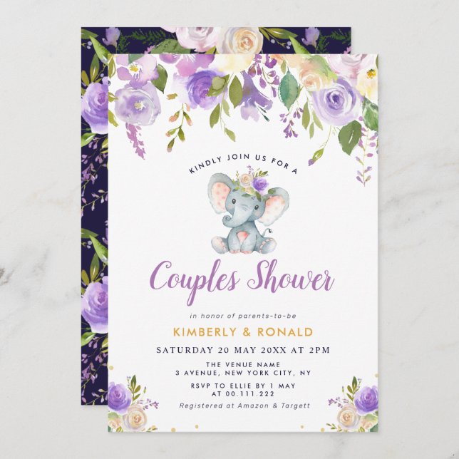 liten elefant lila blommigt par dusch inbjudningar (Fram/baksida)