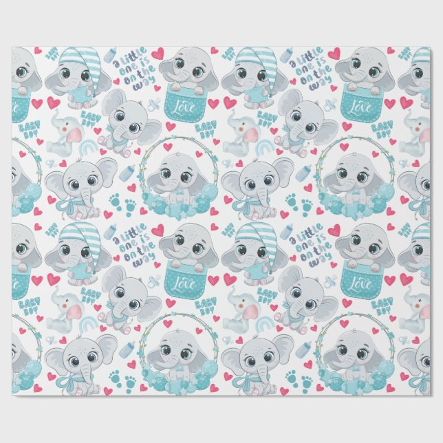 Liten Elefantpojke Söt Blå Bebis Babyshower Dop Presentpapper (Platt)