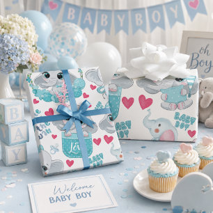 Liten Elefantpojke Söt Blå Bebis Babyshower Dop Presentpapper