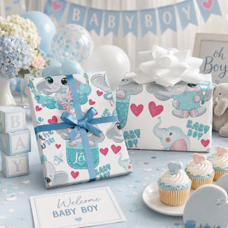 Liten Elefantpojke Söt Blå Bebis Babyshower Dop Presentpapper