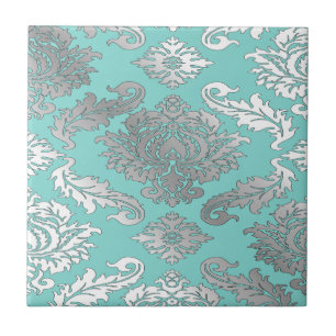 Liten Elegant Chic Tealblå Damastplatta Kakelplatta