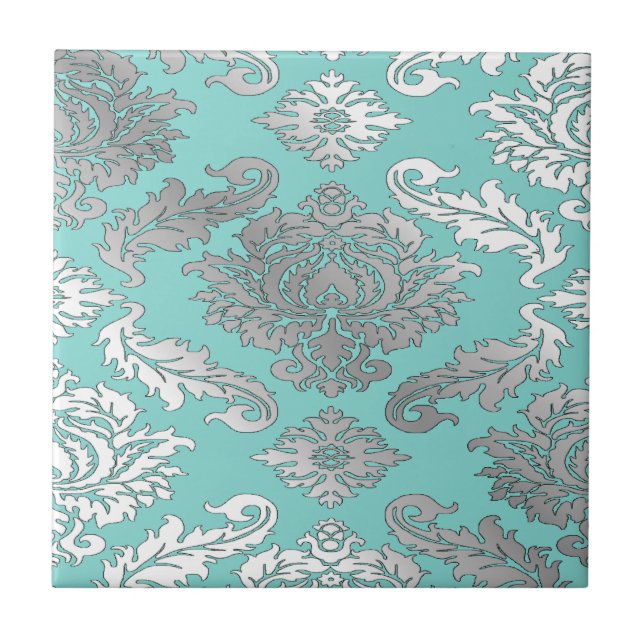 Liten Elegant Chic Tealblå Damastplatta Kakelplatta (Framsidan)