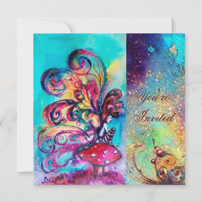 LITEN ELF AV SVAMPAR ,rosa grön blå glimmer Inbjudningar (Framsida)