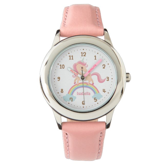 Liten enhörning med stjärna på regnbåge rosa klock armbandsur (Framsida)