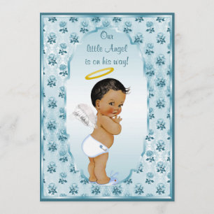 Liten etnisk pojke Angel Blue Rosor Baby Shower Inbjudningar