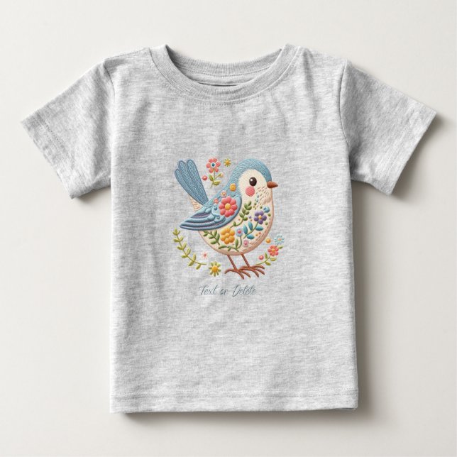 Liten Fågel Blå Blommig Baby T-Shirt (Framsida)