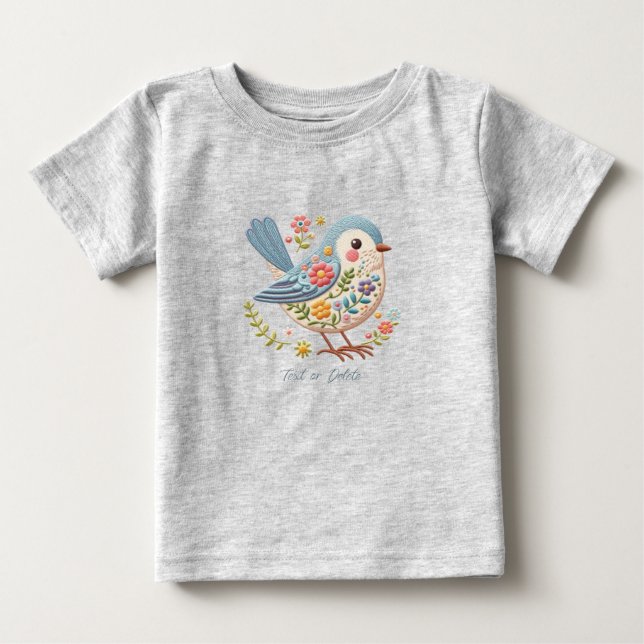 Liten Fågel Blå Blommig Bebis T-Shirt (Framsida)