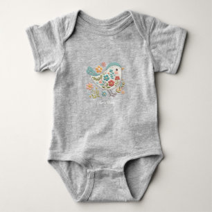 Liten fågel blå rosa blommor baby body t shirt