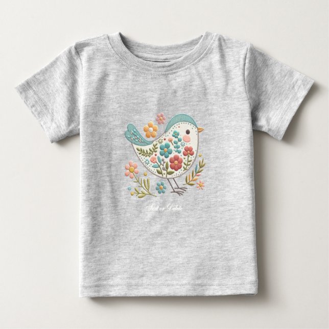 Liten fågel blå rosa blommor baby t-shirt (Framsida)