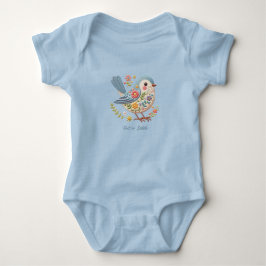 Liten Fågel Blommig Brodyr Blå Bebis Bodysuit T Shirt