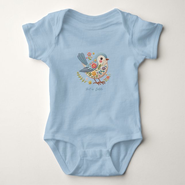 Liten Fågel Blommig Brodyr Blå Bebis Bodysuit T Shirt (Framsida)