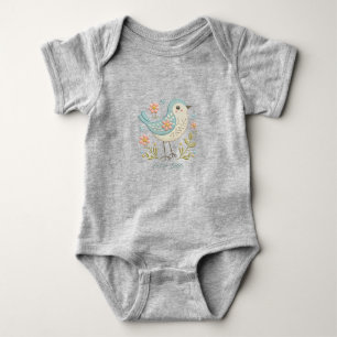 Liten Fågel Blommig Brodyr Grön Bebis Bodysuit T Shirt