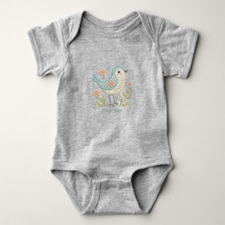 Liten Fågel Blommig Brodyr Grön Bebis Bodysuit T Shirt