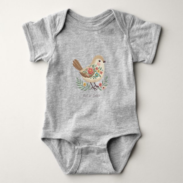 Liten Fågel Blommig Brodyr Guld Bebis Bodysuit T Shirt (Framsida)