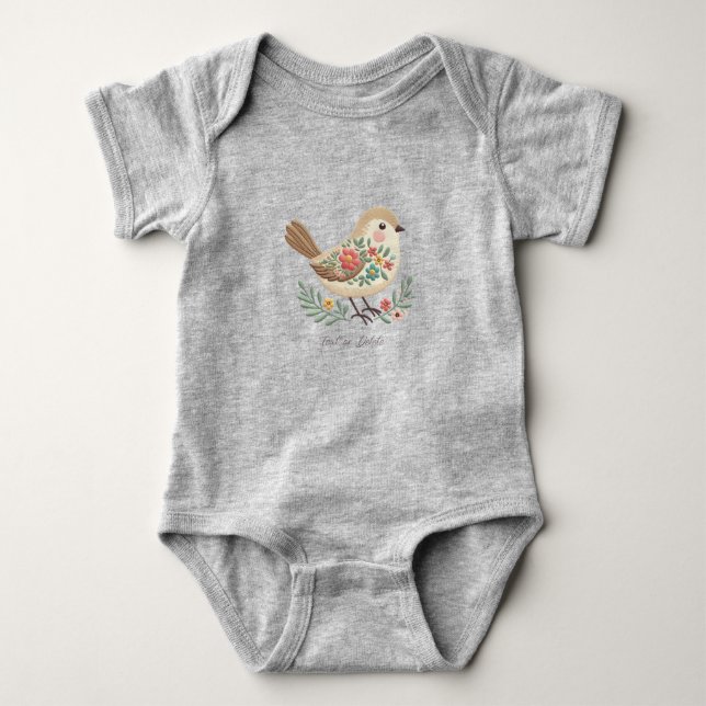 Liten Fågel Blommig Brodyrering Guld Baby Bodysuit T Shirt (Framsida)