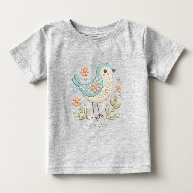 Liten Fågel Blommig Grön Baby T-Shirt (Framsida)
