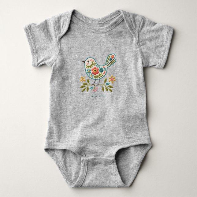 Liten Fågel Blommig Gröna Blad Baby Kroppsoverall T Shirt (Framsida)