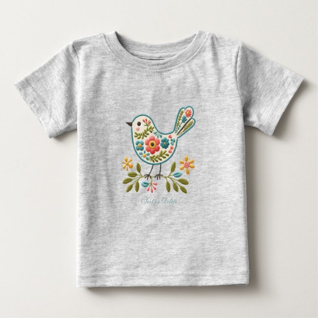 Liten Fågel Blommig Gröna blad Baby T-Shirt (Framsida)