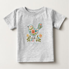 Liten Fågel Blommiga Gröna Blad Baby T-Shirt