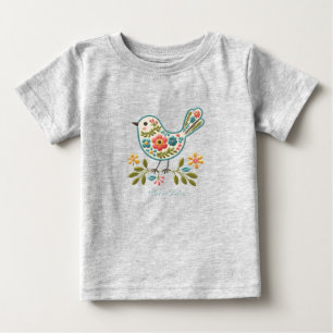 Liten Fågel Blommiga Gröna Blad Baby T-Shirt