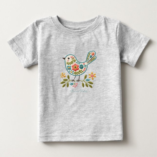 Liten Fågel Blommiga Gröna Blad Baby T-Shirt (Framsida)